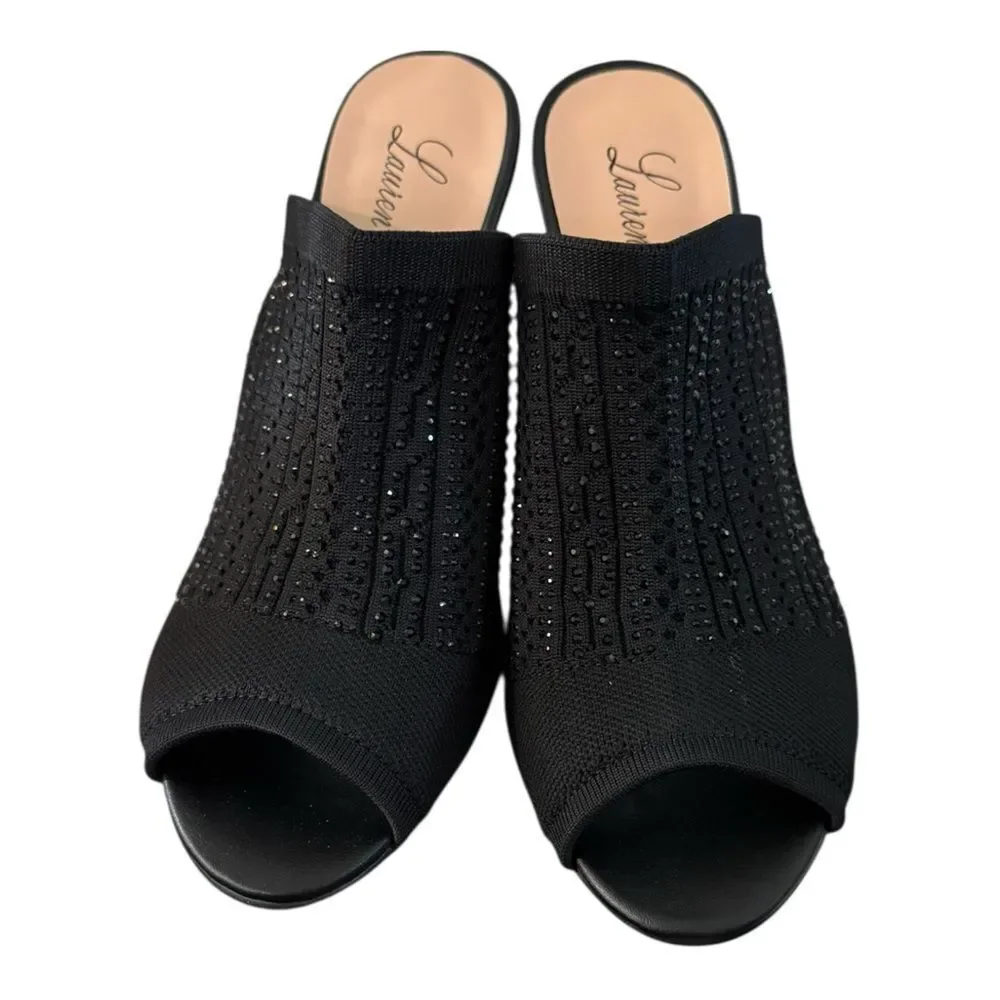 New Lauren Lorraine Martha Women’s Black Rhinestone Embellished Wedge Sandals 10